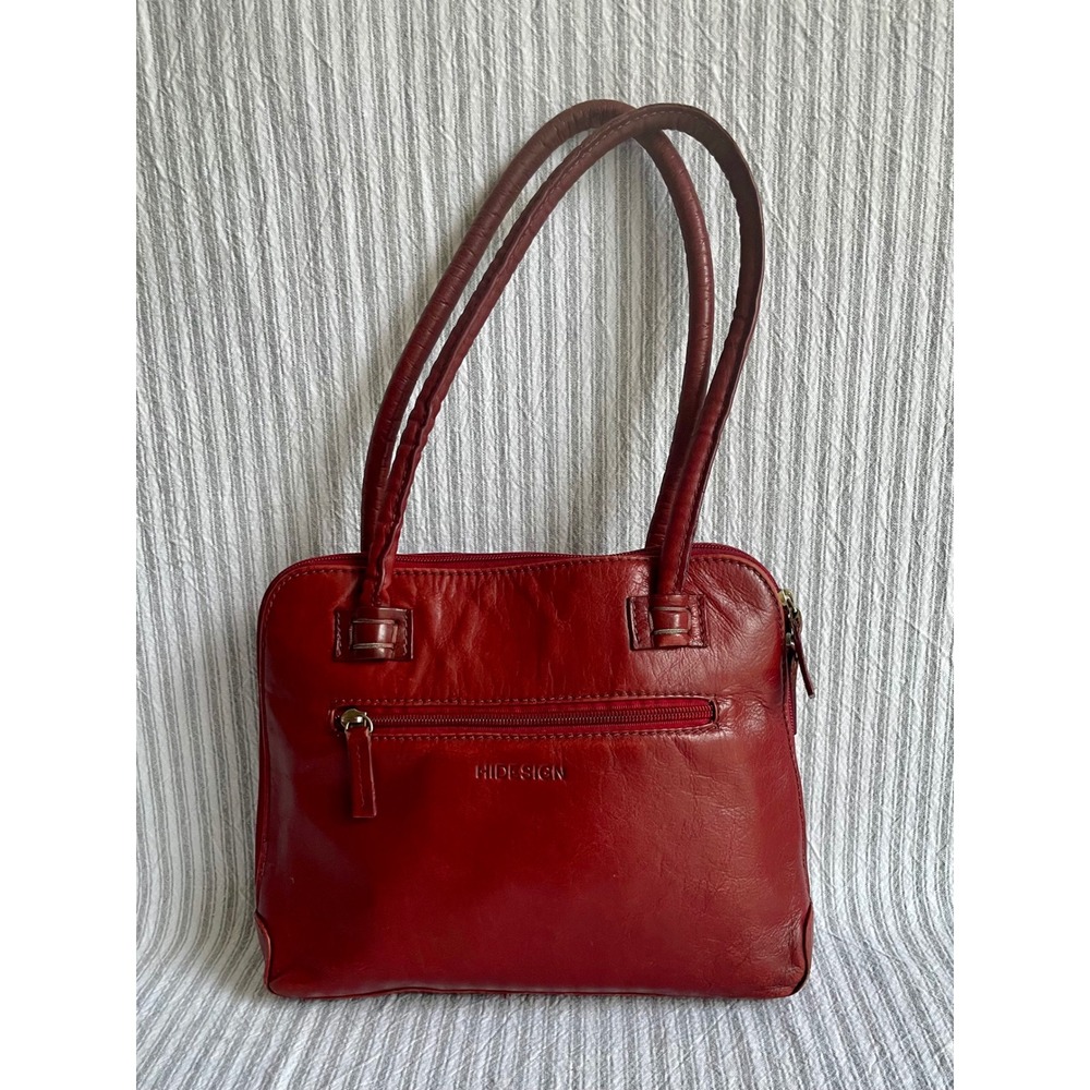 Hidesign Cherry Red Leather Shoulder Bag Womens Double Handle Zip Tote Handbag